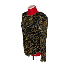 Load image into Gallery viewer, Laurence Kazar Black &amp; Gold Beaded Sequin Blouse (L)
