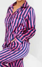 Load image into Gallery viewer, Petite Navy &amp; Pink Stripe Long Satin PJ Set (S)

