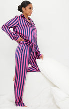 Load image into Gallery viewer, Petite Navy &amp; Pink Stripe Long Satin PJ Set (S)
