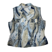 Load image into Gallery viewer, Blue/Multi Abstract &amp; Leopard Print Sleeveless Button Down (US14)
