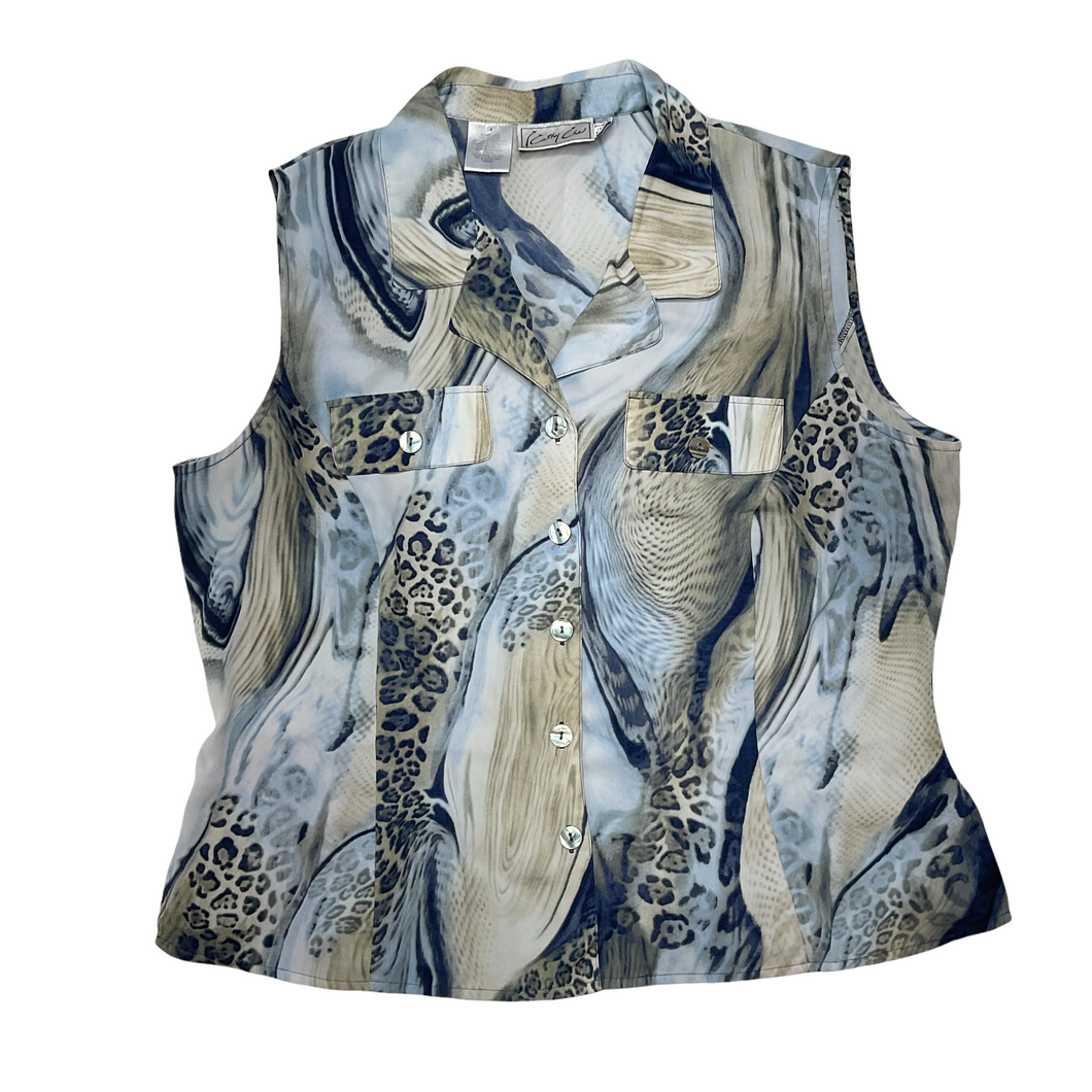Blue/Multi Abstract & Leopard Print Sleeveless Button Down (US14)
