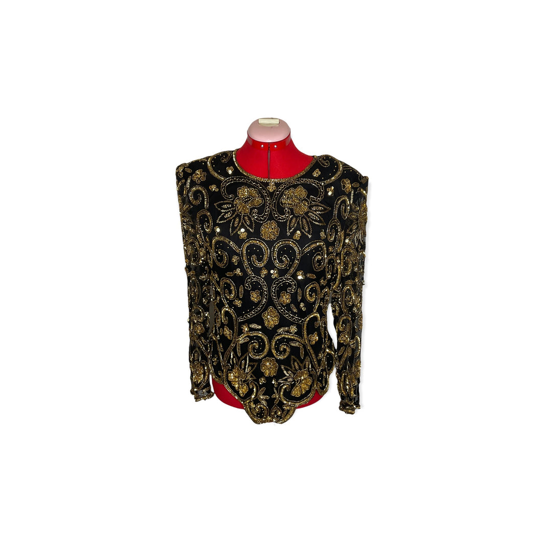 Laurence Kazar Black & Gold Beaded Sequin Blouse (L)