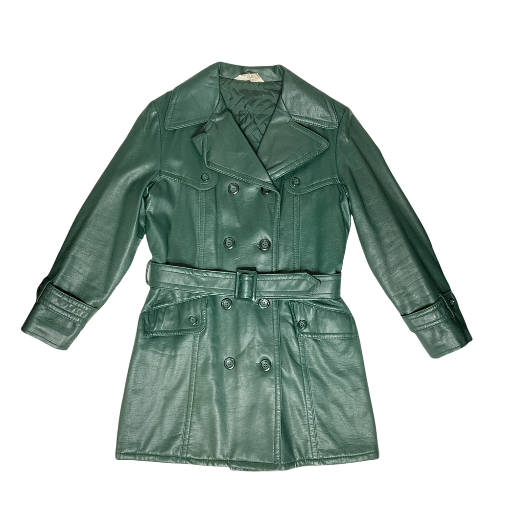 Green Double-breasted Leather Belted Coat (12)