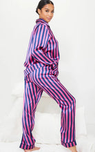 Load image into Gallery viewer, Petite Navy &amp; Pink Stripe Long Satin PJ Set (S)
